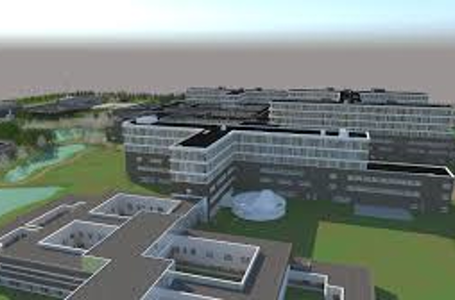Illustration af Det Nye Hospital i Vest, Gødstrup, set fra psykiatribygningens vinkel