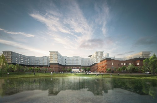Senge- og behandlingsbygningerne på Universitetshospital Køge set ude fra