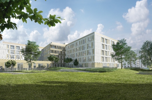 Neurorehabiliteringshuset på Nyt Hospital Glostrup set ude fra hospitalets park