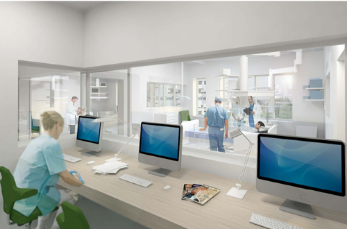 Illustration af overvågningsrum, hvorfra der igennem et vindue kan ses ind til operationsstuen