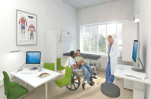 Illustration af Standard Undersøgelses- og behandlingsrum på det Nye Universitetshospital i Aarhus, illustreret ved en mand siddende i kørestol med barn på skødet og en læge stående ved siden af