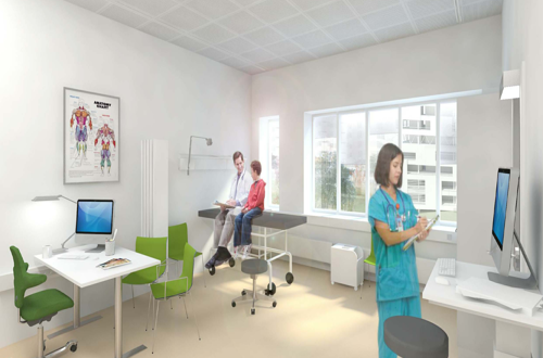 Illustration af Undersøgelses- og behandlingsrum på Det Nye Universitetshospital i Aarhus, illustreret ved en læge, der sammen med en ung patient sidder på biks, mens en sygeplejerske står ved computer og tager notater