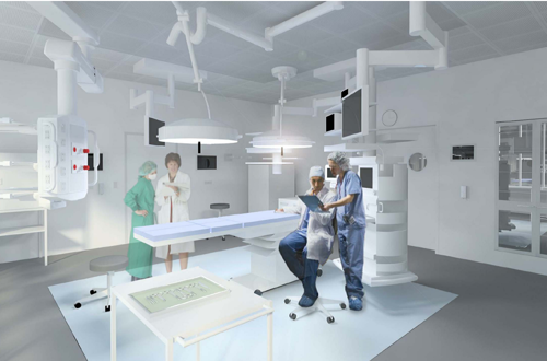 Illustration af operationsstue på Det Nye Universitetshospital i Aarhus, illustreret ved en læge og tre sygeplejersker omkring et operationsbord