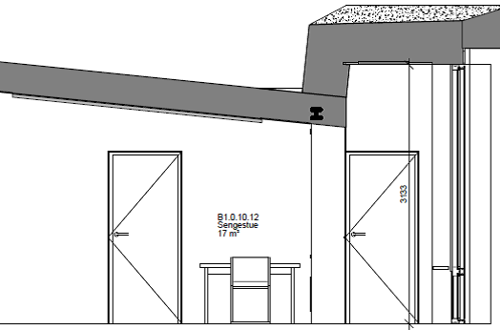 Snittegning af én-sengsstue med toilet, bad og rygealtan på Retspsykiatrisk afdeling, Middelfart