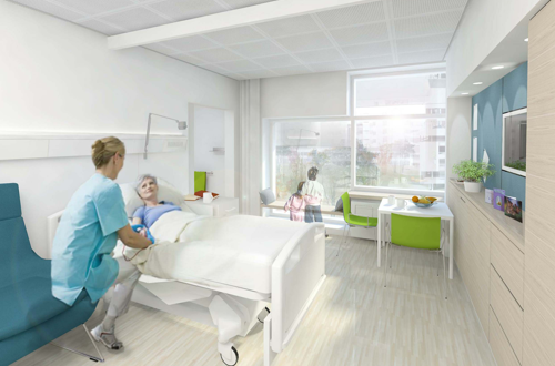 Illustration af én-sengsstue på Det Nye Universitetshospital i Aarhus, illustreret ved en ældre patient liggende i hospitalsseng med sygeplejerske siddende på stol ved siden af