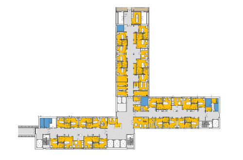 Oversigtsplan af afdeling med én-sengsstuer på Det Nye Universitetshospital i Aarhus